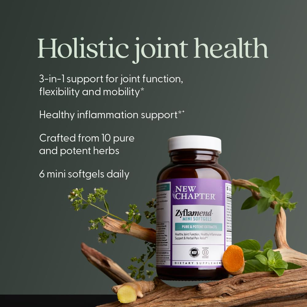 New Chapter Zyflamend Mini Softgels capsule close-up shows small easy to swallow softgels