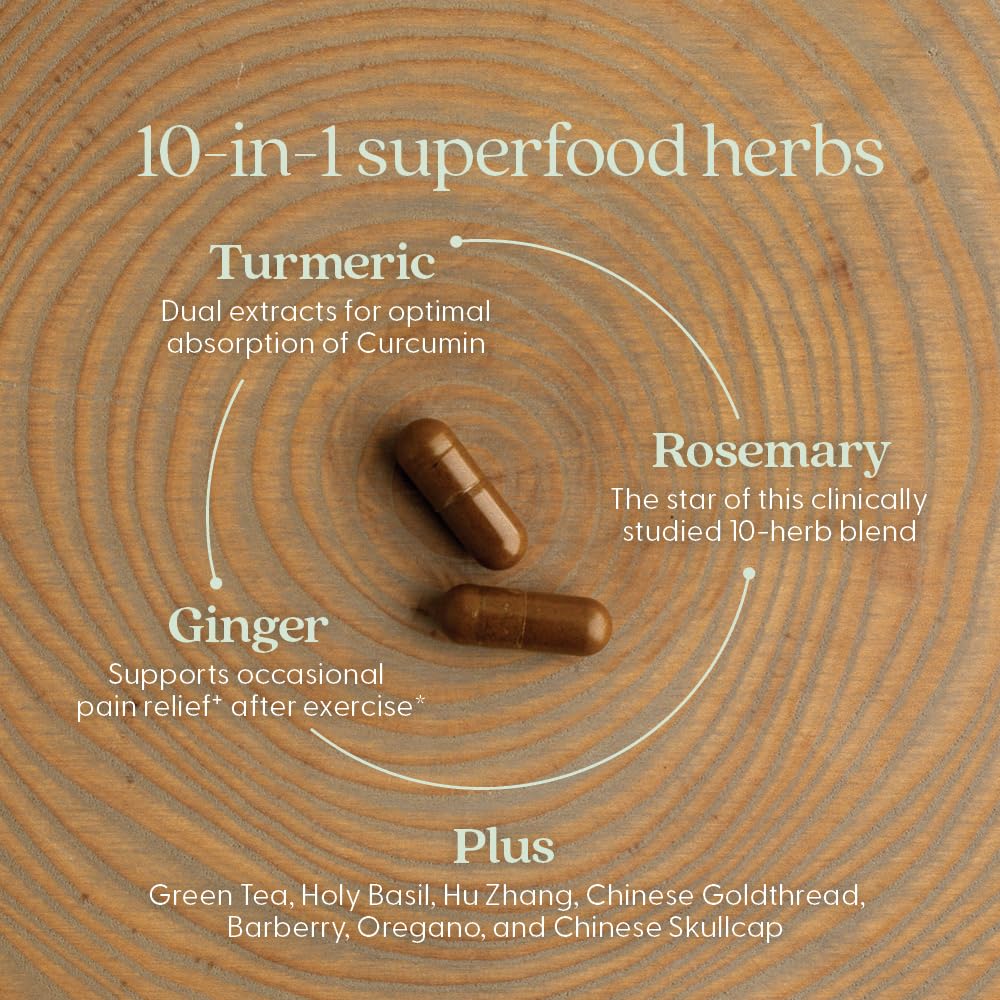 Zyflamend turmeric, ginger, and green tea blend shown with herbs.