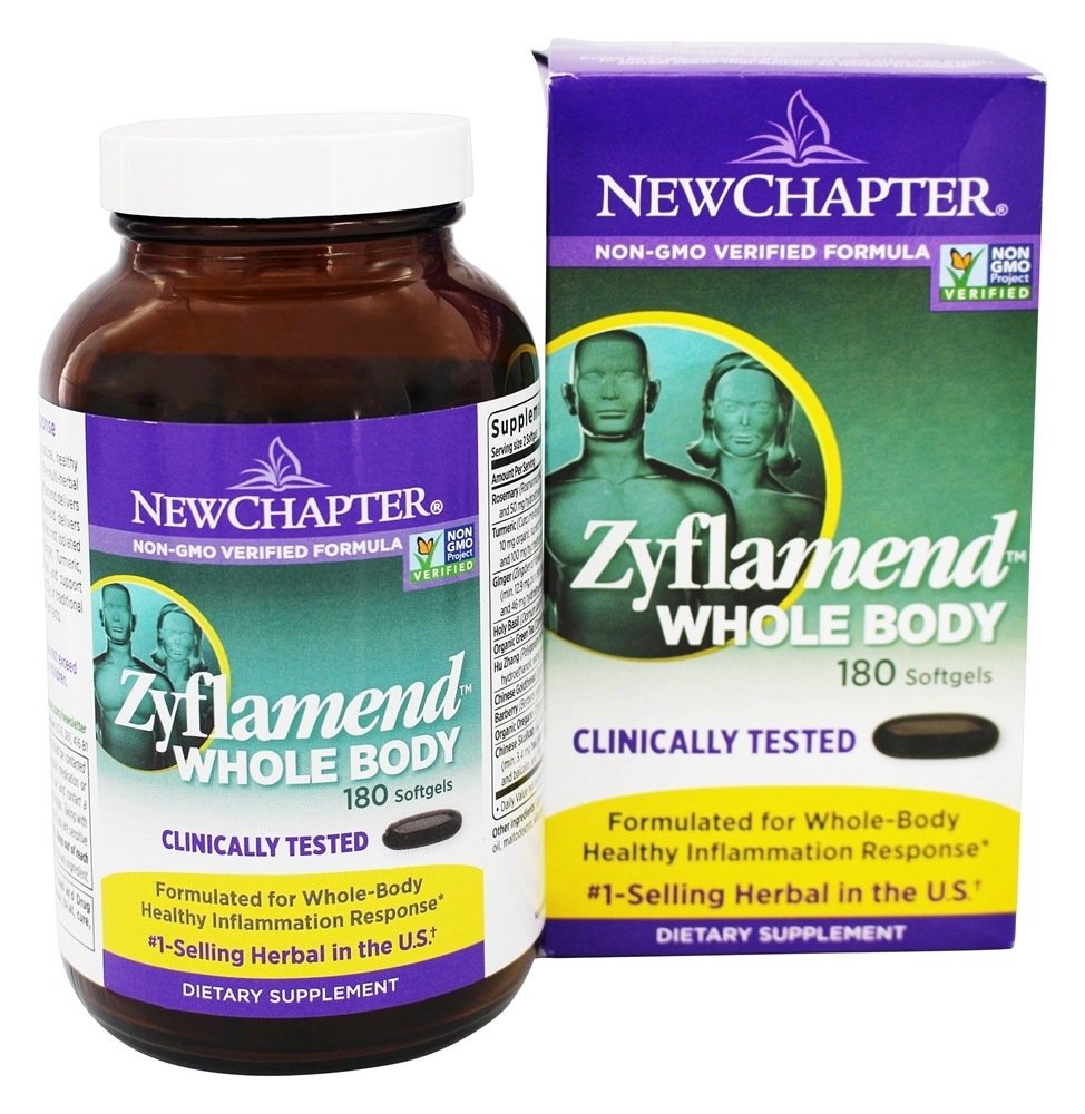 New Chapter Zyflamend Whole Body bottle back shows non-GMO vegetarian capsule details.