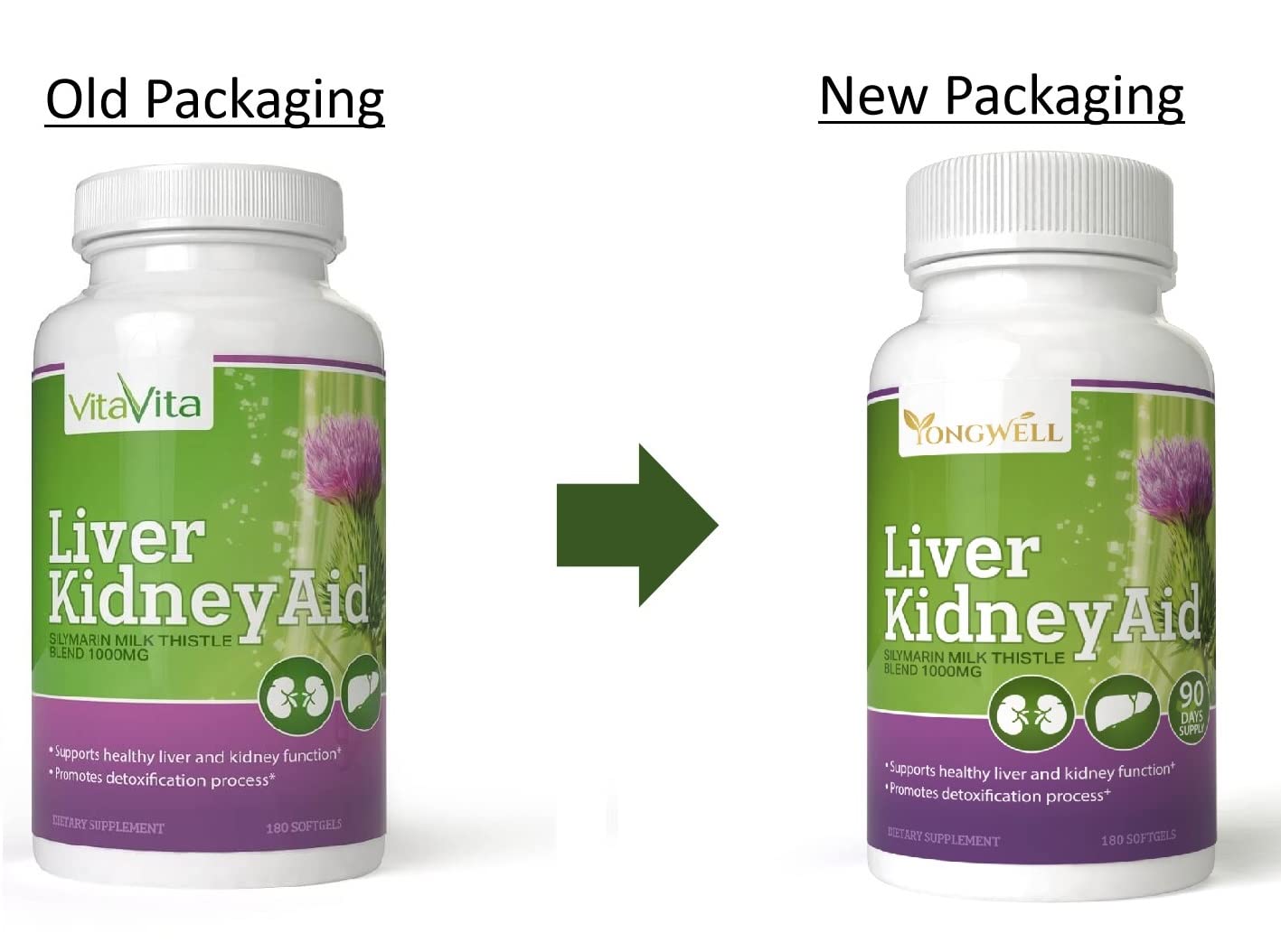 New Green Nutrition Liver Kidney Aid ingredients—milk thistle and dandelion in herbal blend.