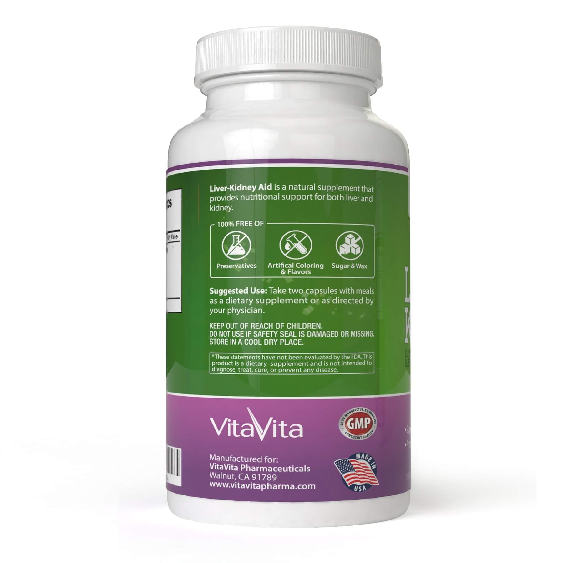 New Green Nutrition Liver Kidney Aid label design on bottle emphasizes quality.