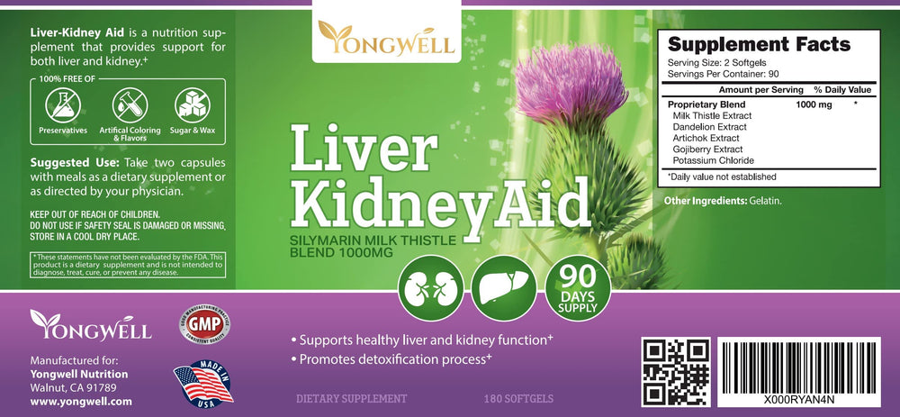 New Green Nutrition Liver Kidney Aid on shelf with 180 softgels for daily use.