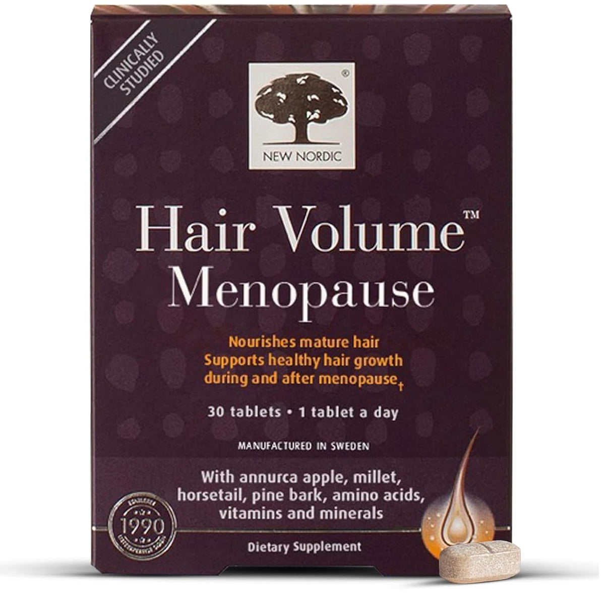 New Nordic Hair Volume menopause bottle front promotes daily hair support during menopause