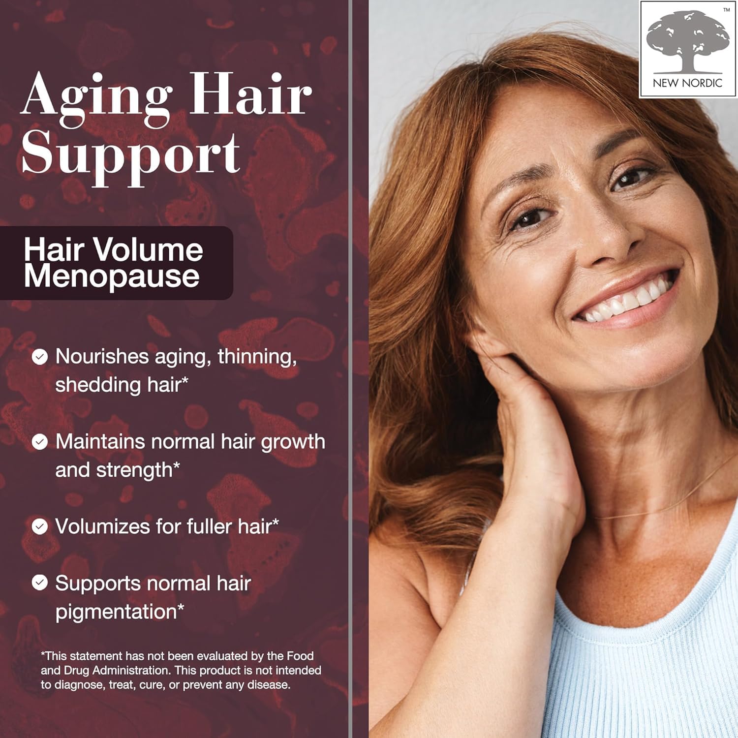 New Nordic Hair Volume menopause pine bark ingredient closeup suggests clinically studied support for hair growth