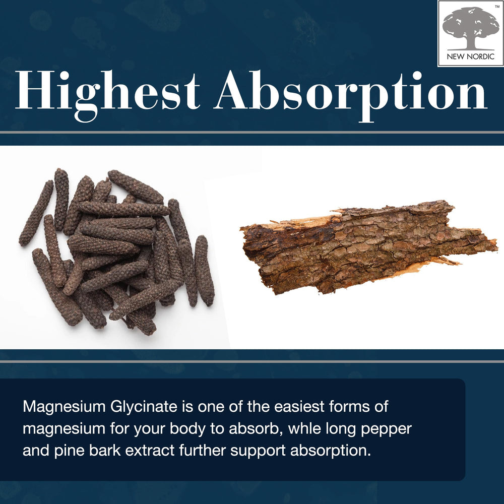 New Nordic Magnesium Glycinate close-up showing long pepper for absorption support