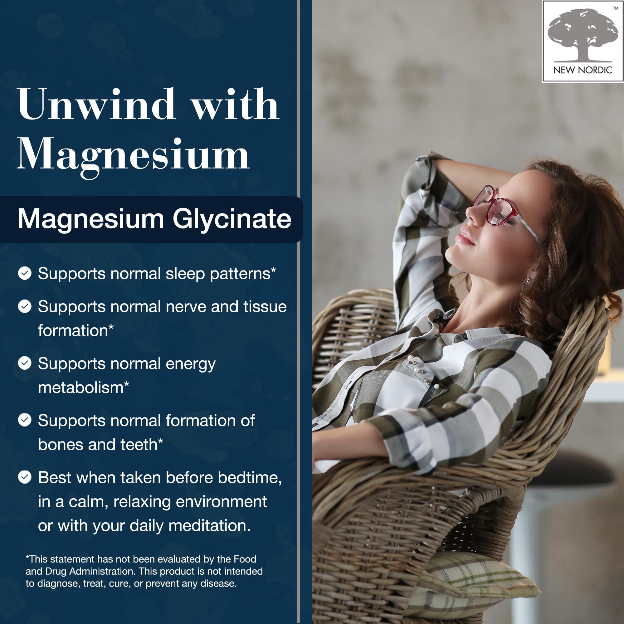 New Nordic Magnesium Glycinate tablets close-up highlighting easy-to-swallow form