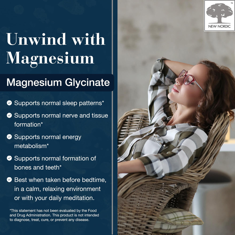 New Nordic Magnesium Glycinate tablets close-up highlighting easy-to-swallow form