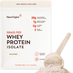New Origins Whey Isolate unflavored bottle front for high-protein daily workouts.