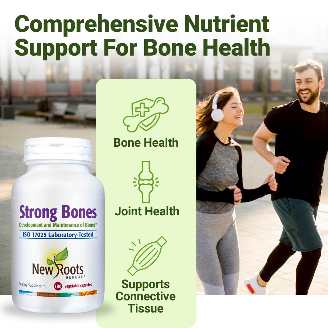 NEW ROOTS HERBAL bottle highlights 22-ingredient formula for comprehensive bone support