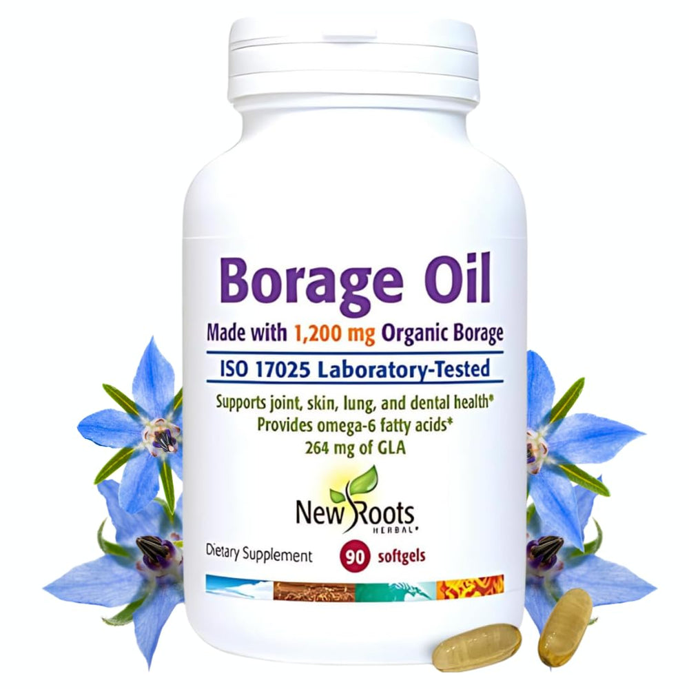 NEW ROOTS HERBAL borage oil bottle showing organic hexane-free formula for daily wellness