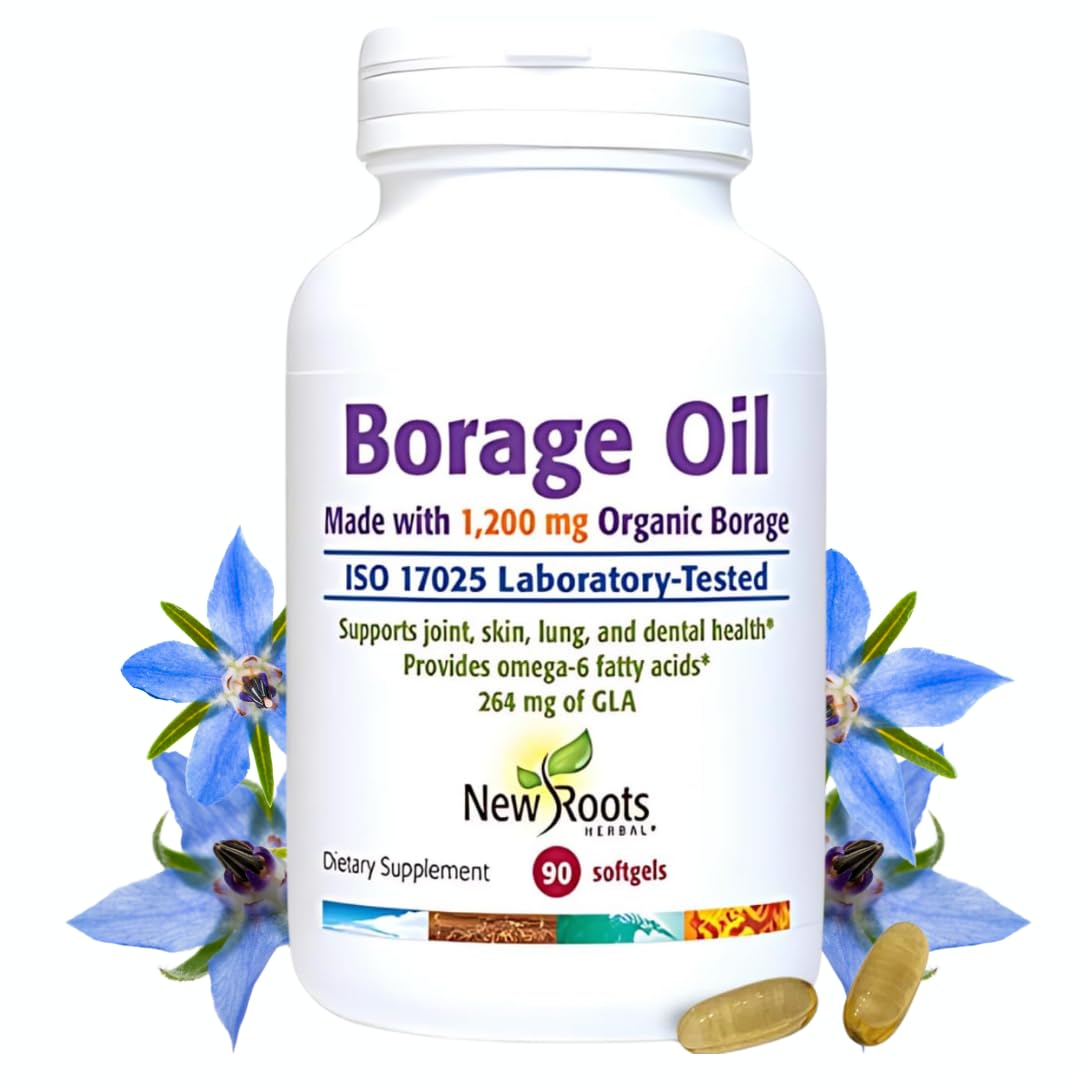NEW ROOTS HERBAL borage oil bottle showing organic hexane-free formula for daily wellness