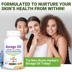 NEW ROOTS HERBAL borage oil daily-use dosing example in hand