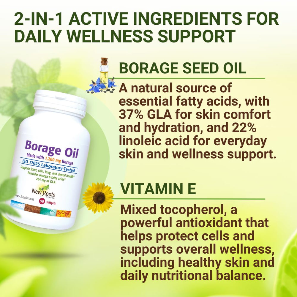 NEW ROOTS HERBAL borage oil glass bottle close-up emphasizing purity and freshness