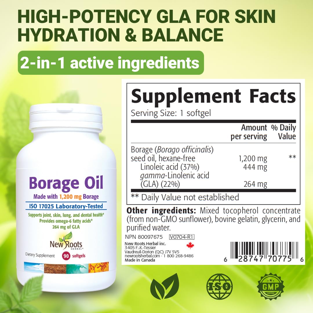 NEW ROOTS HERBAL borage oil ingredients panel highlighting 100% organic oil