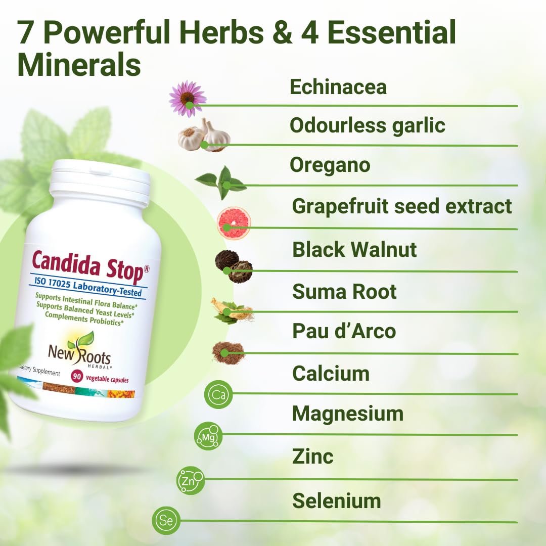 NEW ROOTS HERBAL Candida Stop 15-day plan brochure illustrates a gentle routine.