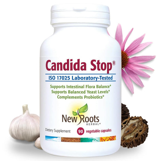 NEW ROOTS HERBAL Candida Stop bottle cap shows daily dosing for digestive support.