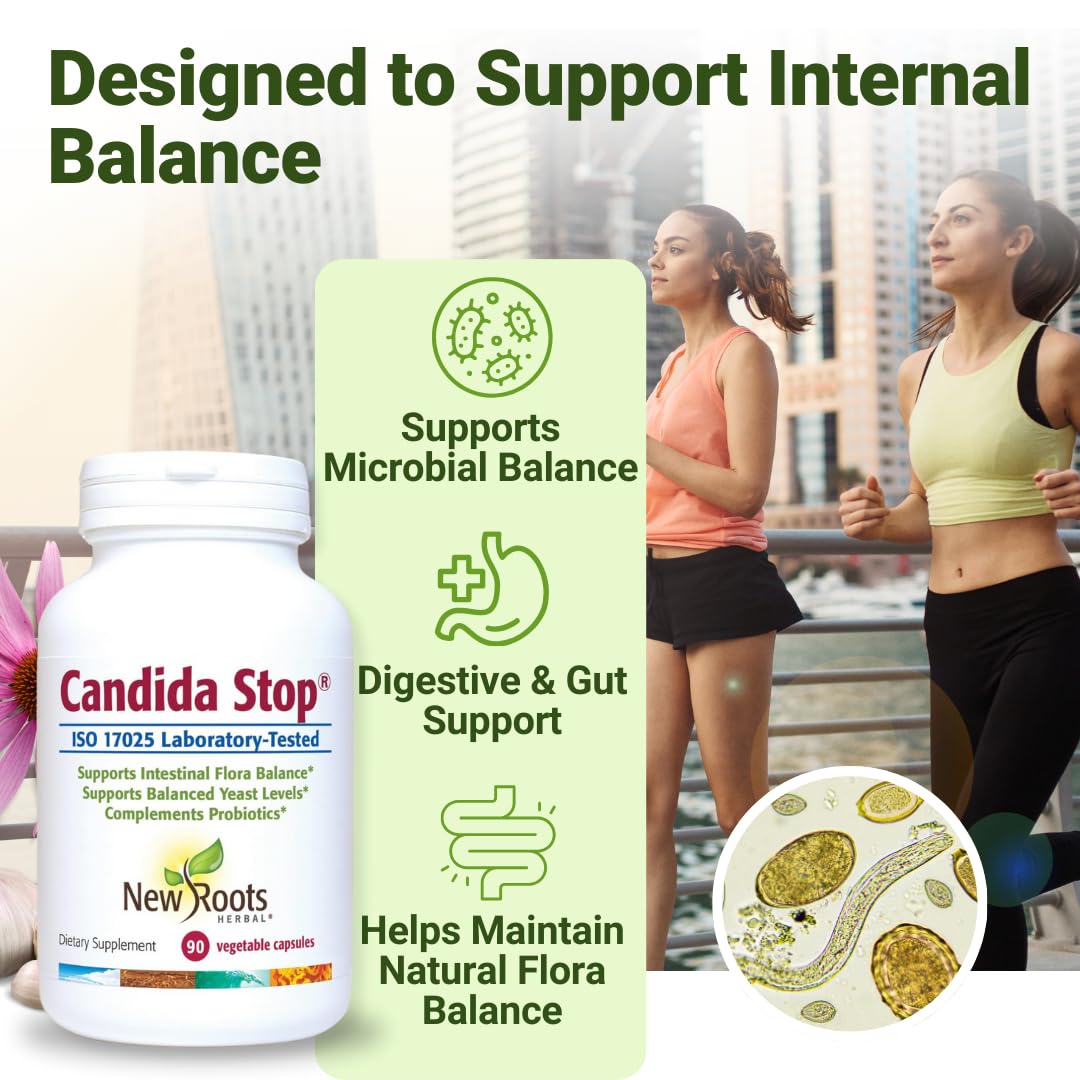 NEW ROOTS HERBAL Candida Stop capsules closeup highlights plant-based gut support in every dose.