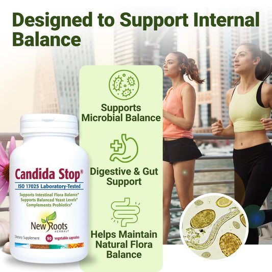 NEW ROOTS HERBAL Candida Stop capsules closeup highlights plant-based gut support in every dose.
