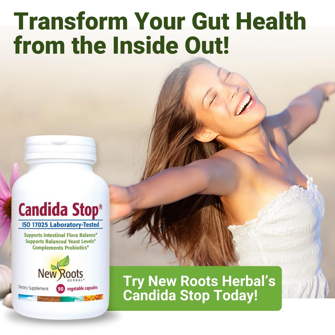 NEW ROOTS HERBAL Candida Stop daily-dose schedule suggests easy integration.