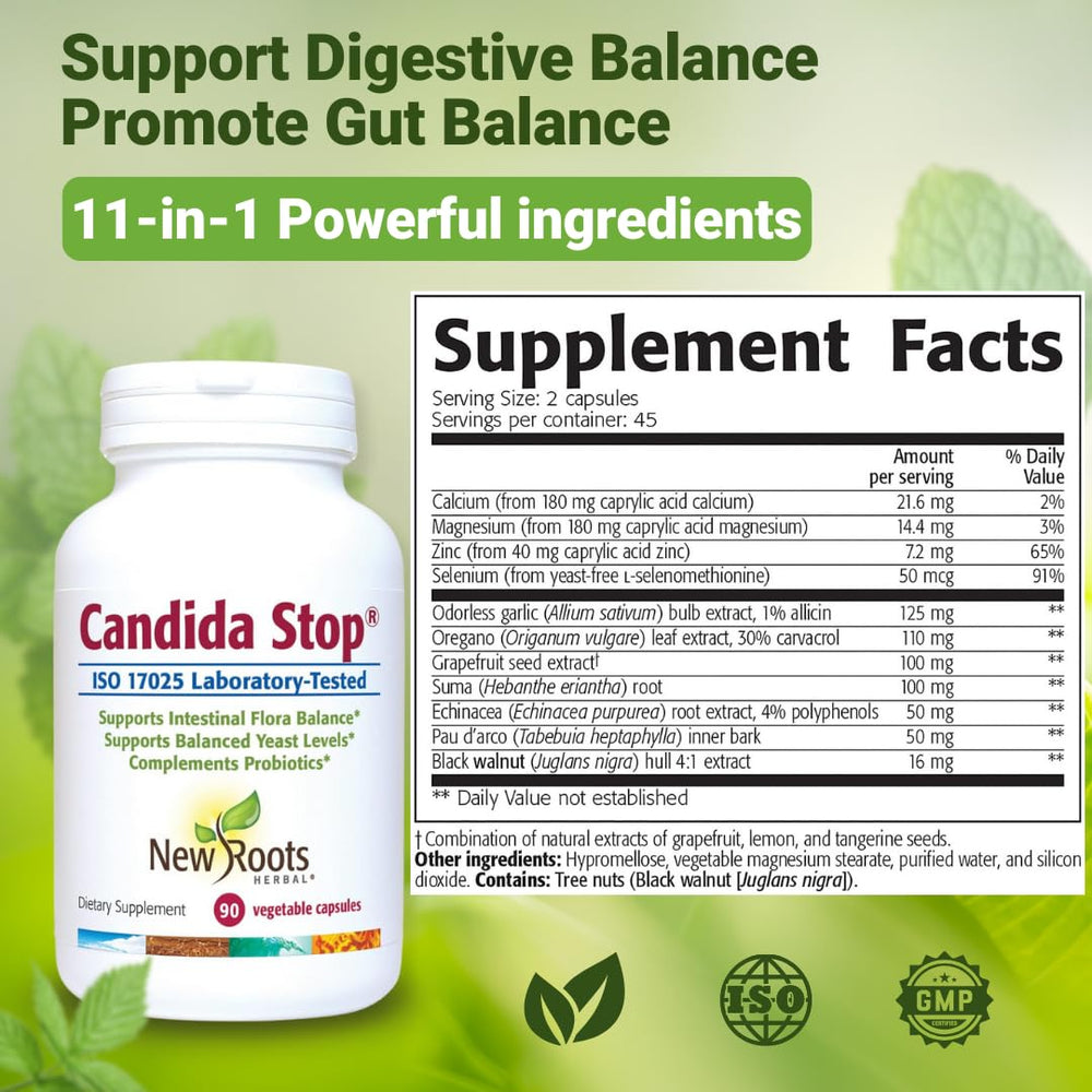 NEW ROOTS HERBAL Candida Stop probiotic blend supports digestive balance through everyday use.