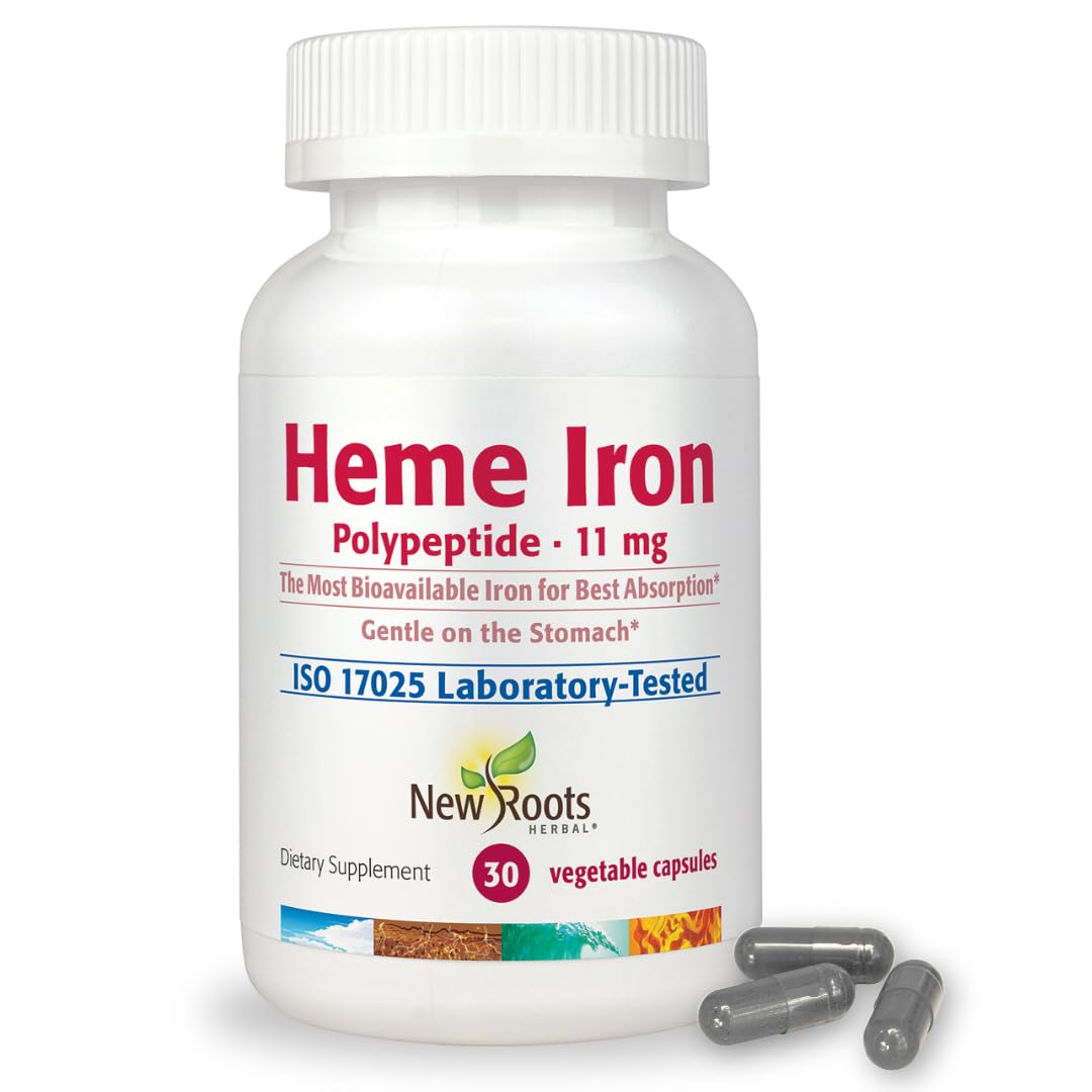 NEW ROOTS HERBAL heme iron bottle highlights improved iron support for daily energy