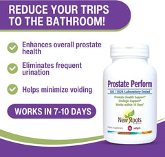 New Roots Herbal Prostate Perform capsules ready for daily use supporting urinary comfort.
