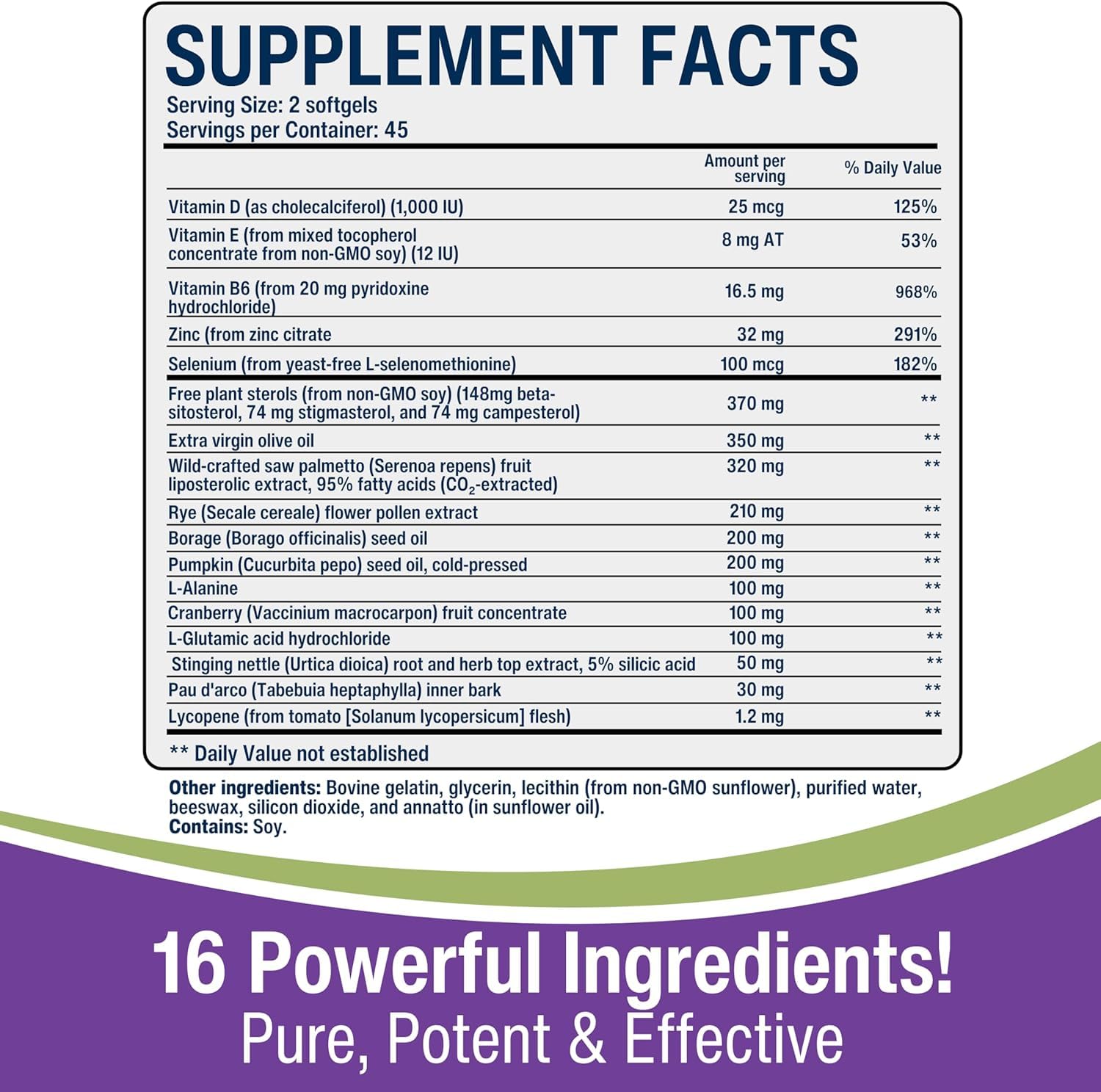 New Roots Herbal Prostate Perform ingredients close-up showing the 16 ingredients.