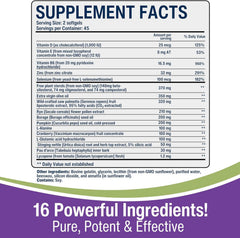 New Roots Herbal Prostate Perform ingredients close-up showing the 16 ingredients.