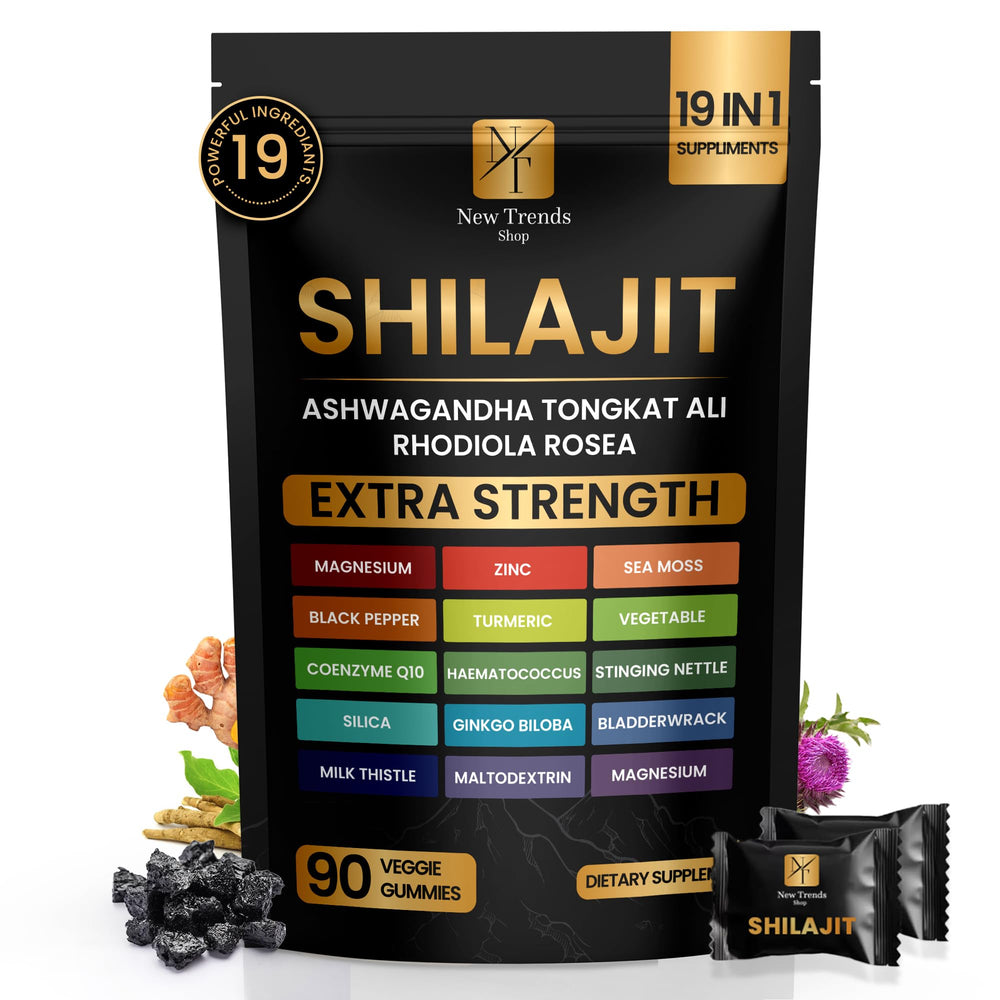 New Trends Shop Shilajit Gummies bottle on table showing convenient daily wellness.