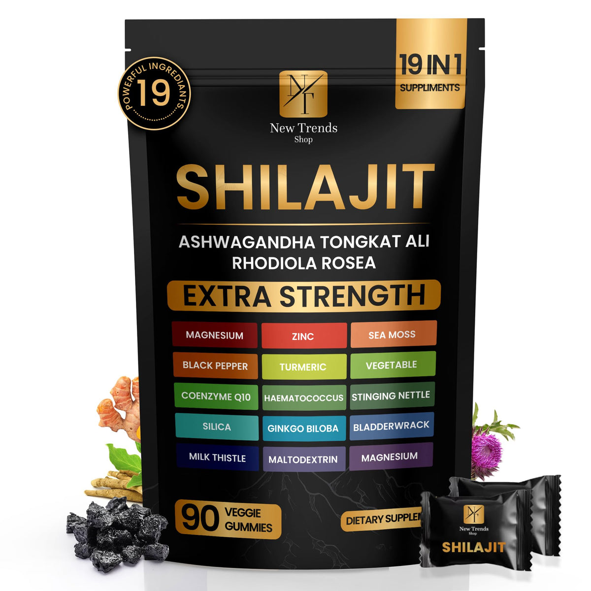 New Trends Shop Shilajit Gummies bottle on table showing convenient daily wellness.