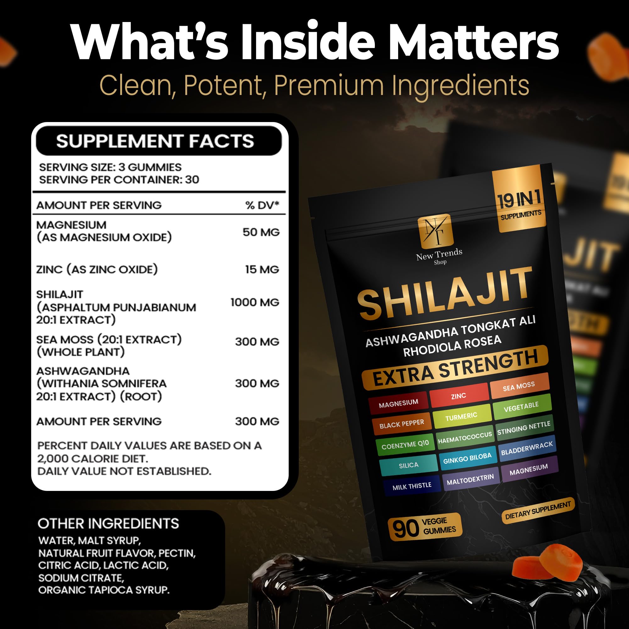 New Trends Shop Shilajit Gummies collection with a 90-count bottle visible.
