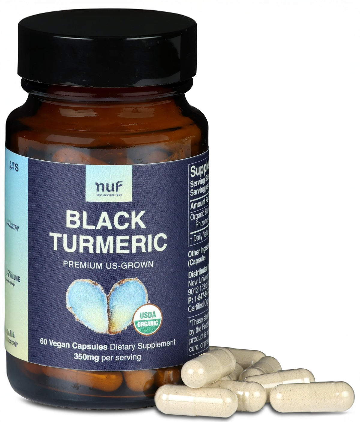 New Universe Food NU F organic black turmeric bottle front shows premium capsules for daily wellness