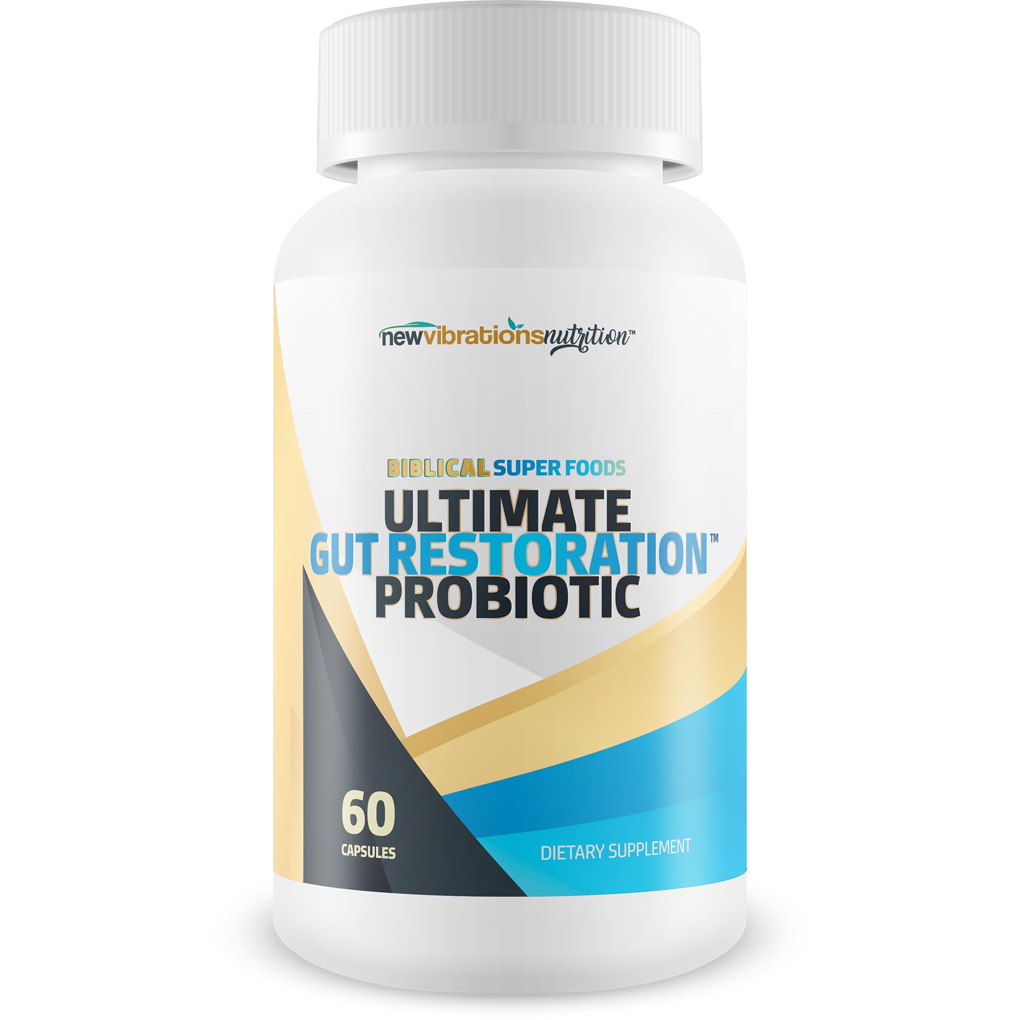 New Vibrations Nutrition Biblical Super Foods bottle supports gut restoration for daily wellness.