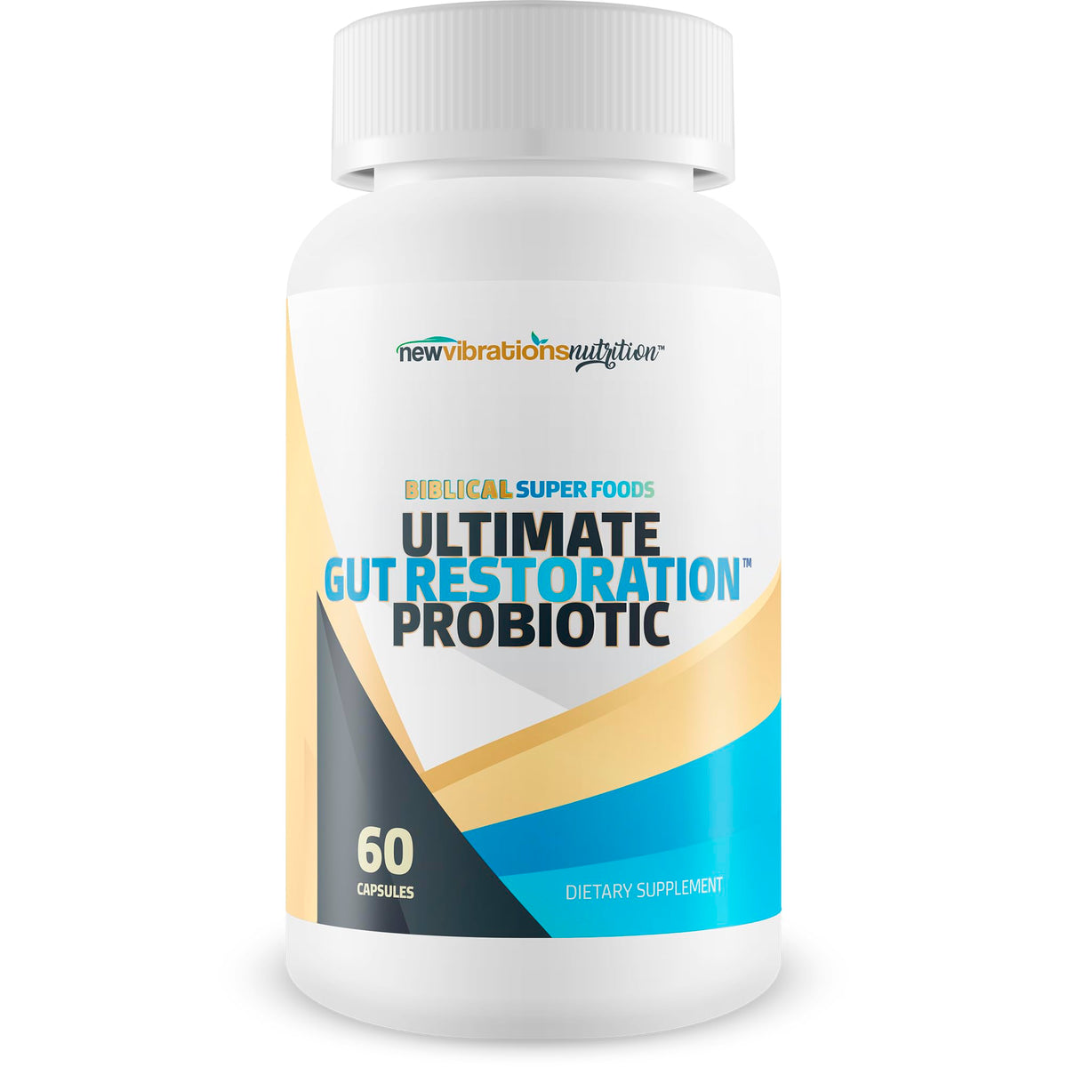 New Vibrations Nutrition Biblical Super Foods bottle supports gut restoration for daily wellness.