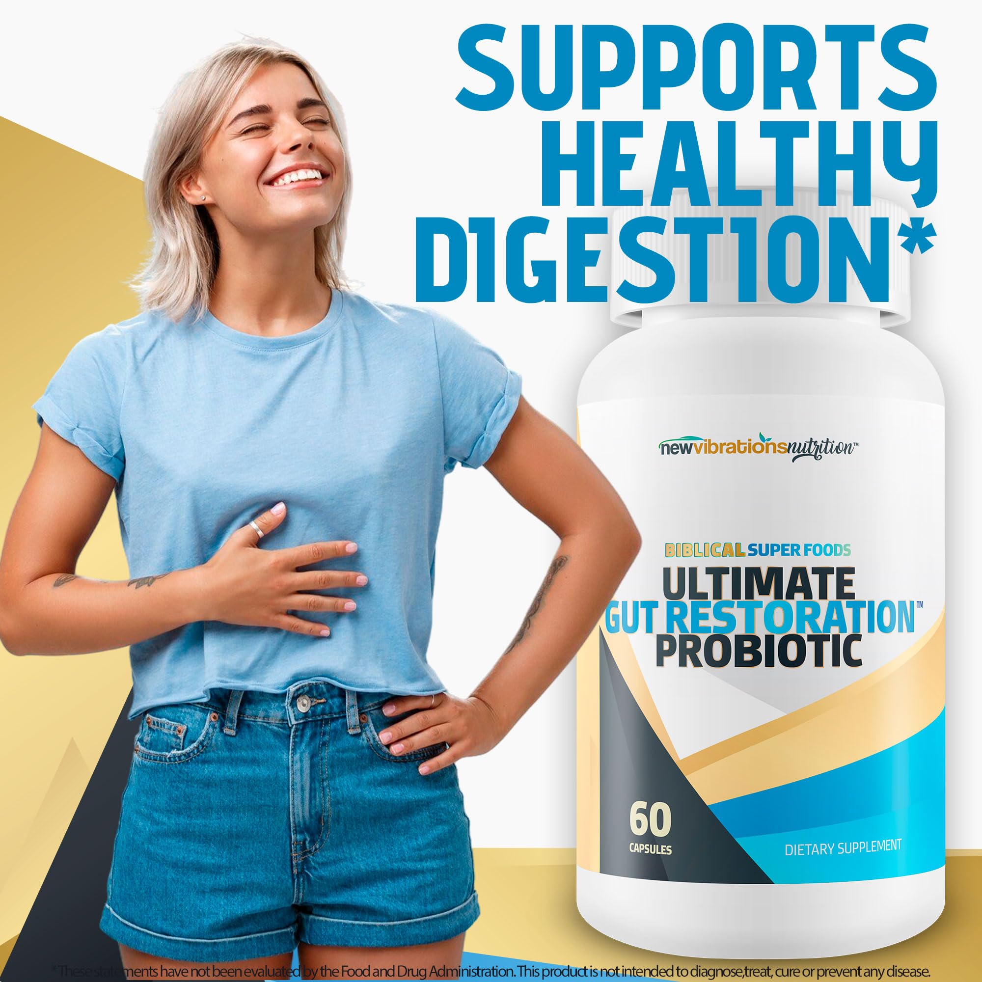 New Vibrations Nutrition packaging scene suggests a simple daily gut restoration routine.