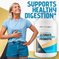 New Vibrations Nutrition packaging scene suggests a simple daily gut restoration routine.