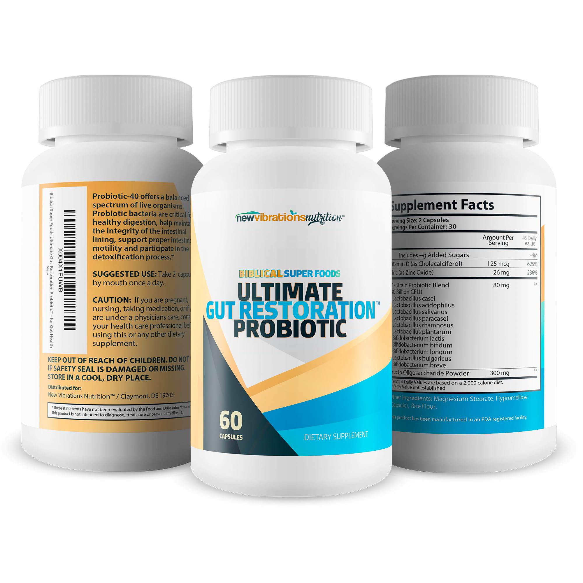 New Vibrations Nutrition bottle close-up emphasizes prebiotics supporting gut health.