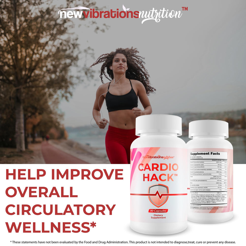 New Vibrations Cardio Hack packaging emphasizing natural circulation ingredients.
