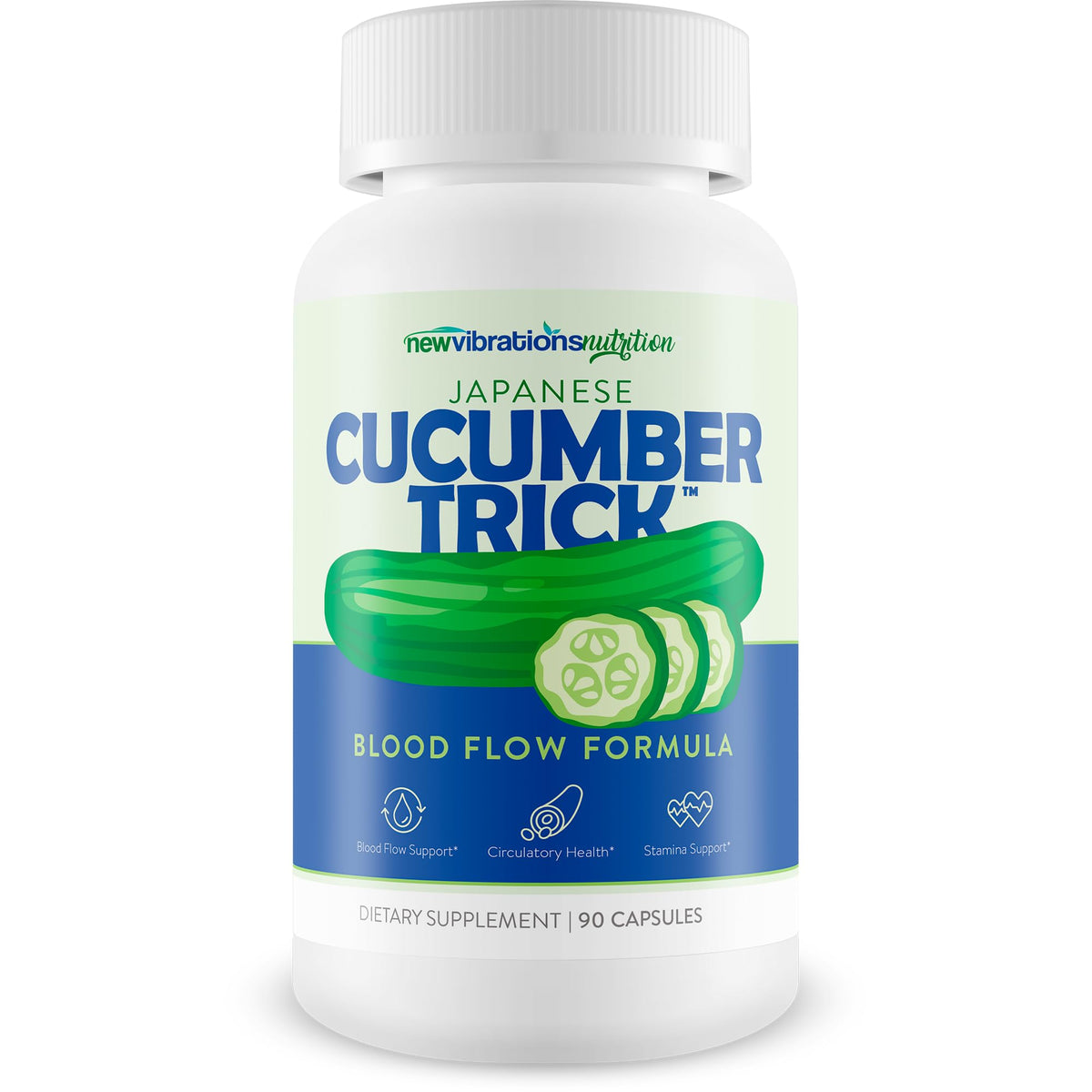 New Vibrations Nutrition Japanese Cucumber Trick bottle for men's blood flow supplement.