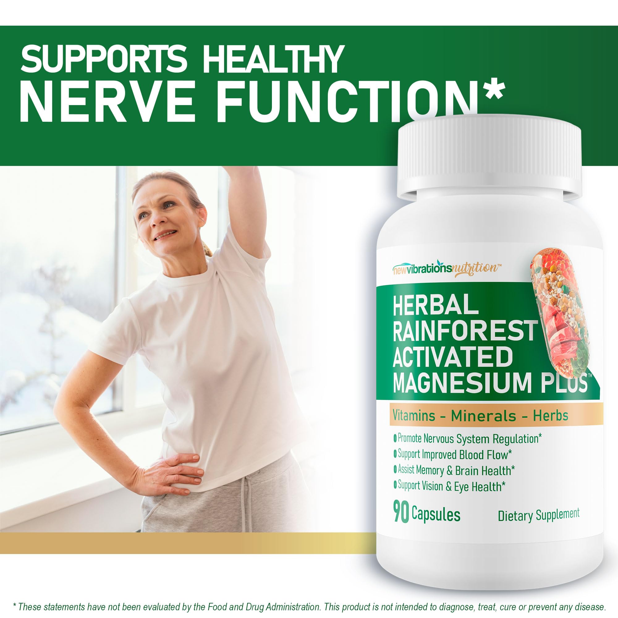 New Vibrations Nutrition active formula capsules show botanicals and minerals.