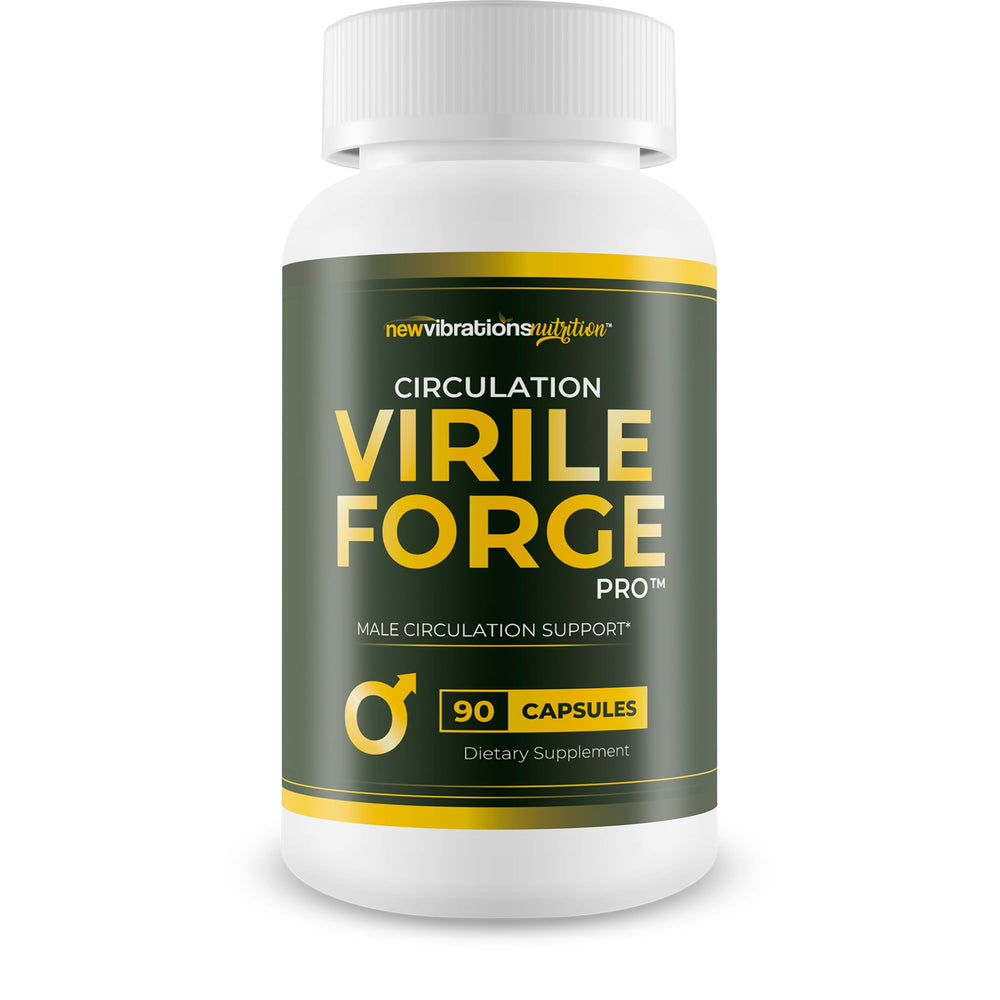 New Vibrations Nutrition Circulation Virile Forge Pro bottle signals daily male circulation support.