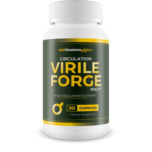 New Vibrations Nutrition Circulation Virile Forge Pro bottle signals daily male circulation support.