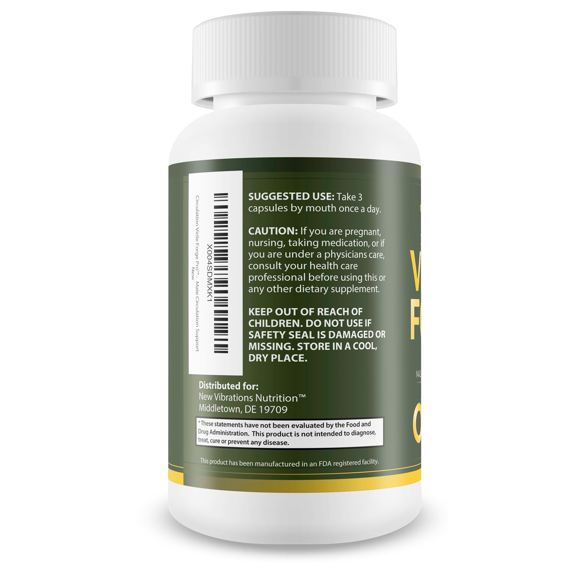 Close-up of Circulation Virile Forge Pro label highlighting vascular support ingredients.
