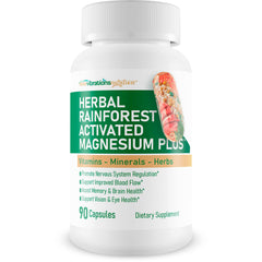 New Vibrations Nutrition Herbal Rainforest Activated Magnesium Plus bottle on shelf for daily wellness.