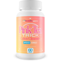 New Vibrations Nutrition Pink Tea Trick bottle pour showing convenient daily detox support