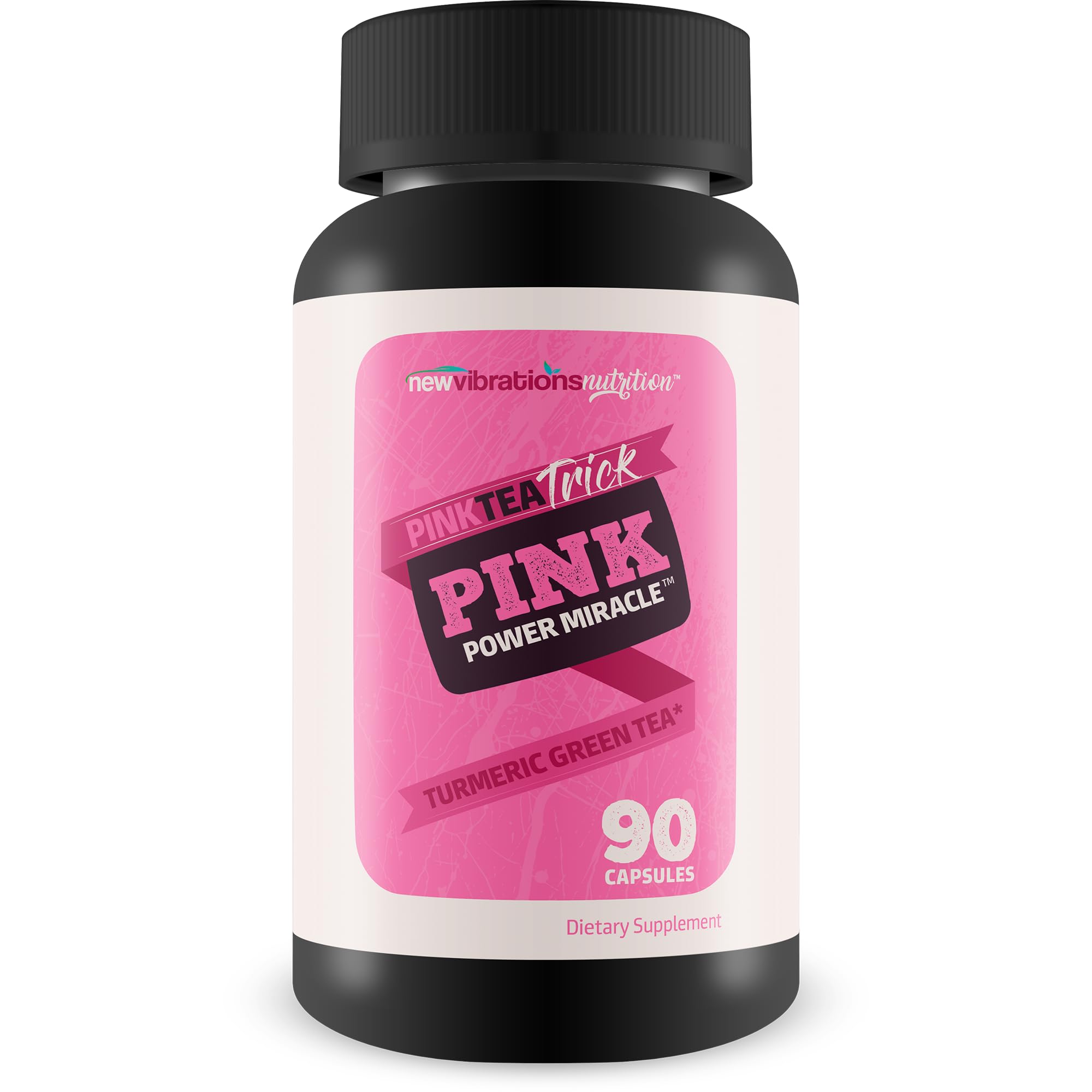 New Vibrations Pink Tea Trick Turmeric Green Tea bottle front promotes daily wellness with turmeric aroma