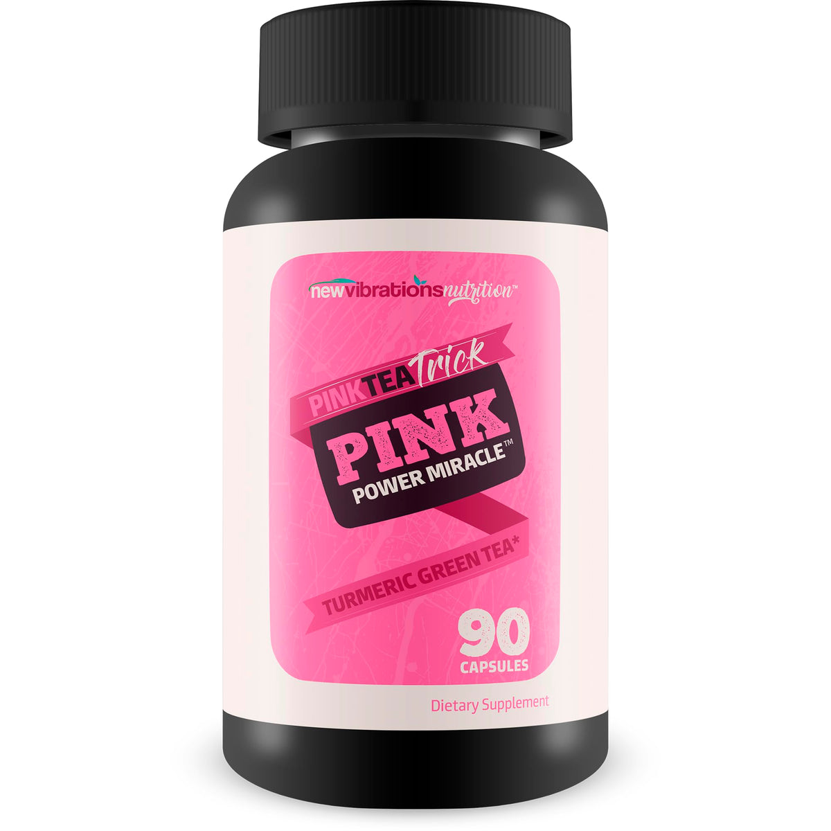 New Vibrations Pink Tea Trick Turmeric Green Tea bottle front promotes daily wellness with turmeric aroma