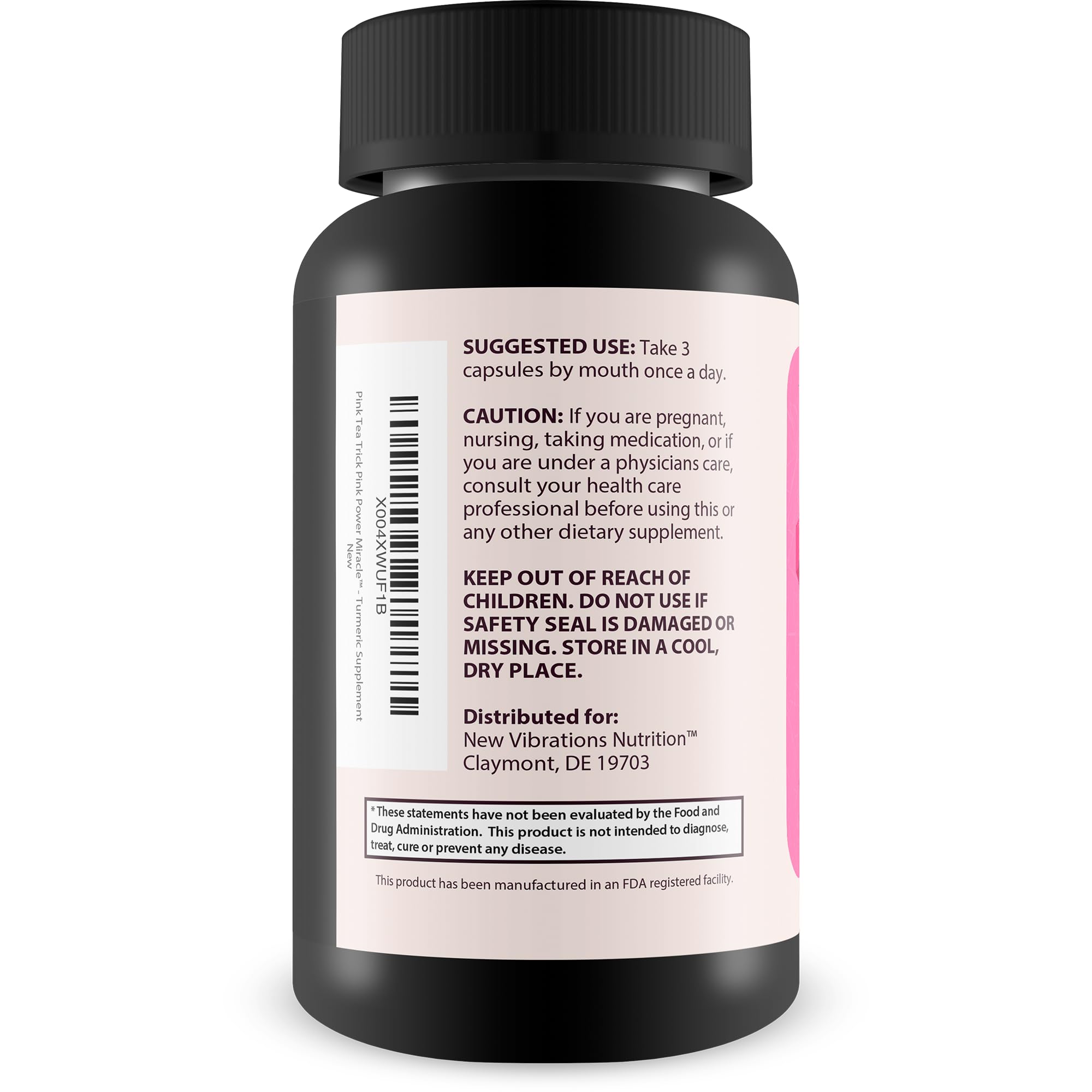 New Vibrations Pink Tea Trick Turmeric Green Tea capsules closeup shows convenient daily wellness capsules