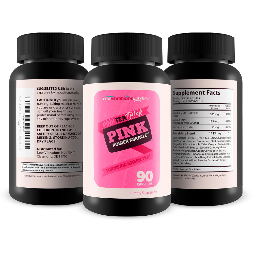 New Vibrations Pink Tea Trick Turmeric Green Tea ingredient visual highlights turmeric and green tea