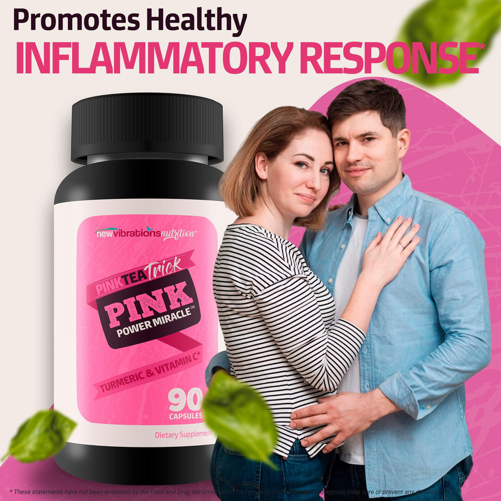 New Vibrations Pink Tea Trick Turmeric Green Tea vegan friendly seal underlines plant-based wellness